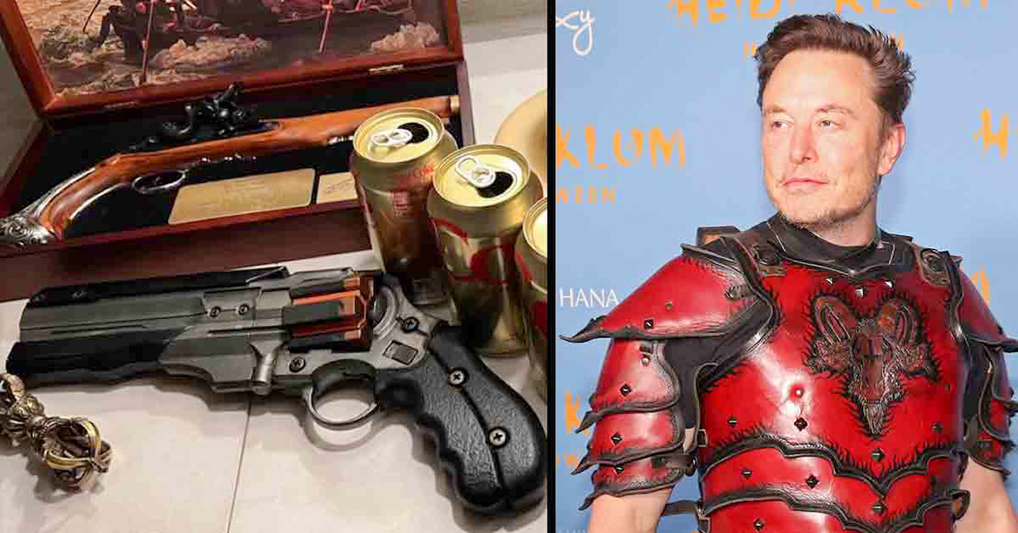 Elon Musk posted a bizarre photo of his 'bedside table,' featuring 2 guns, 4 empty cans of caffeine-free Coke, and a picture of George Washington